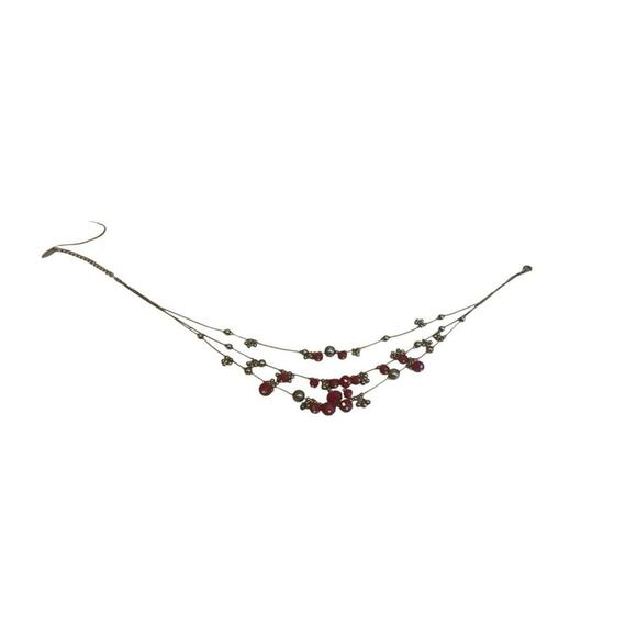 Red Beaded Silver Tone Multi Strand Necklace - Picture 5 of 11